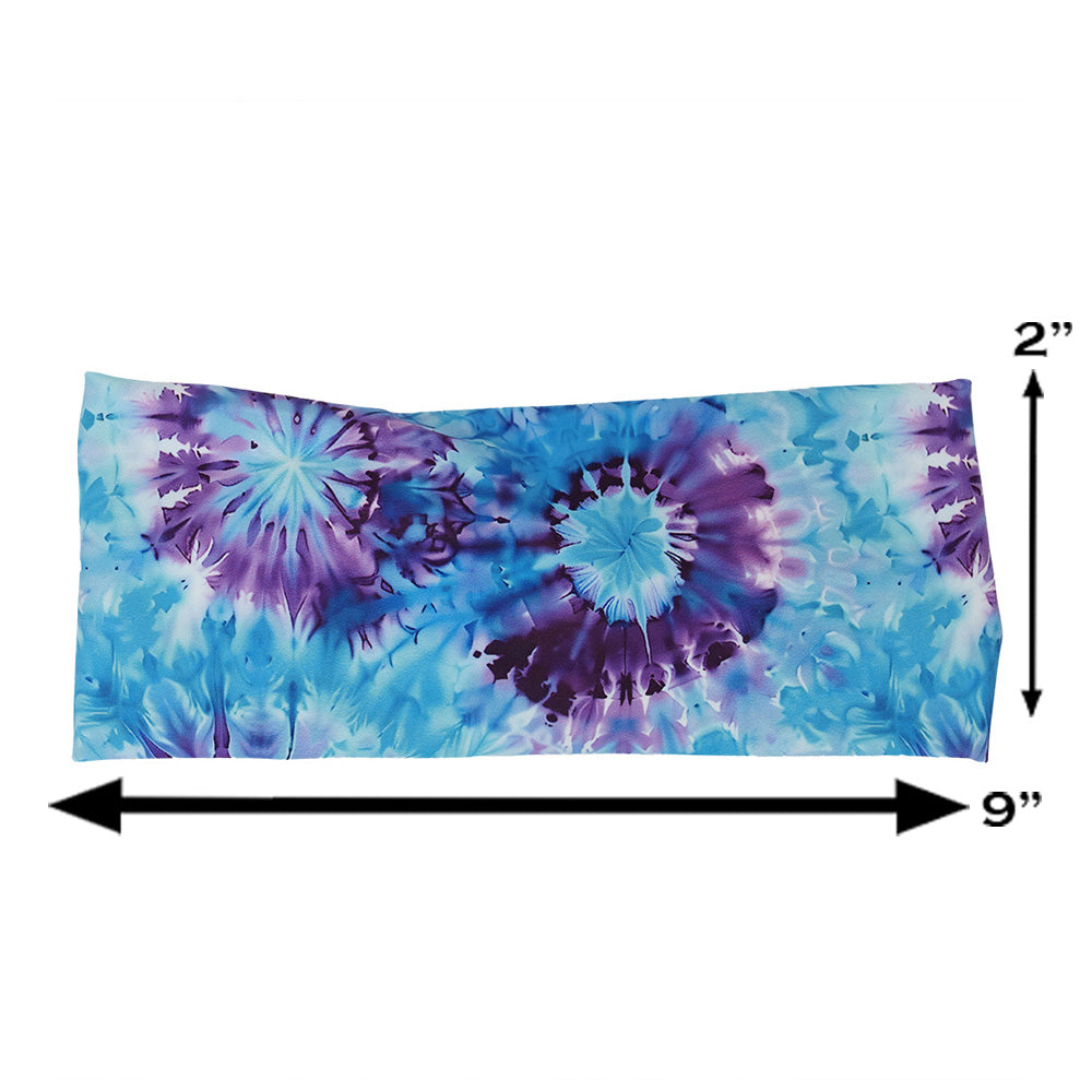 blue and purple tie dye patterned headband measured at 2 by 9 inches