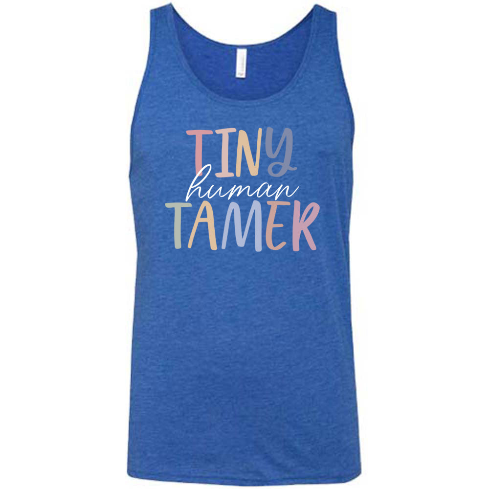 Blue colored tank with a graphic on it that says "Tiny Human Tamer" 