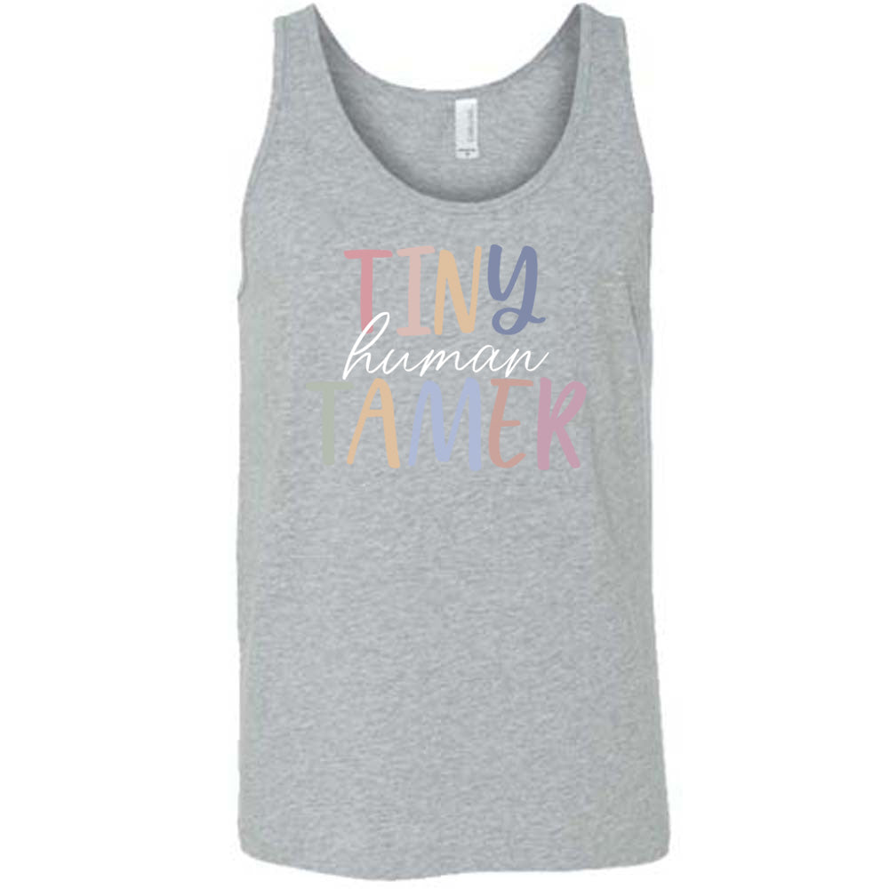 Grey colored tank with a graphic on it that says "Tiny Human Tamer" 