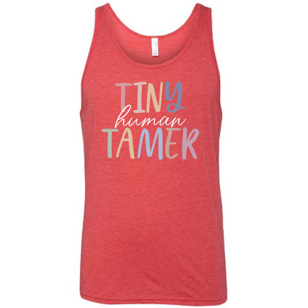 Red colored tank with a graphic on it that says "Tiny Human Tamer" 