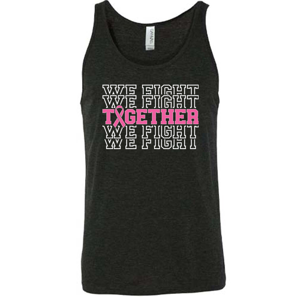 black t-shirt with pink breast cancer awareness ribbon and text that says "we fight together" on a white background