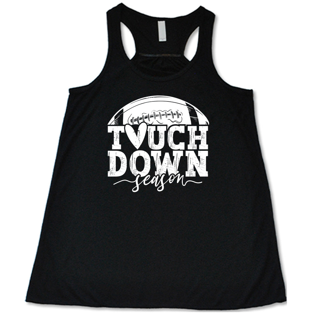 Black colored flowy tank with football graphic on it that says "Touchdown Season"