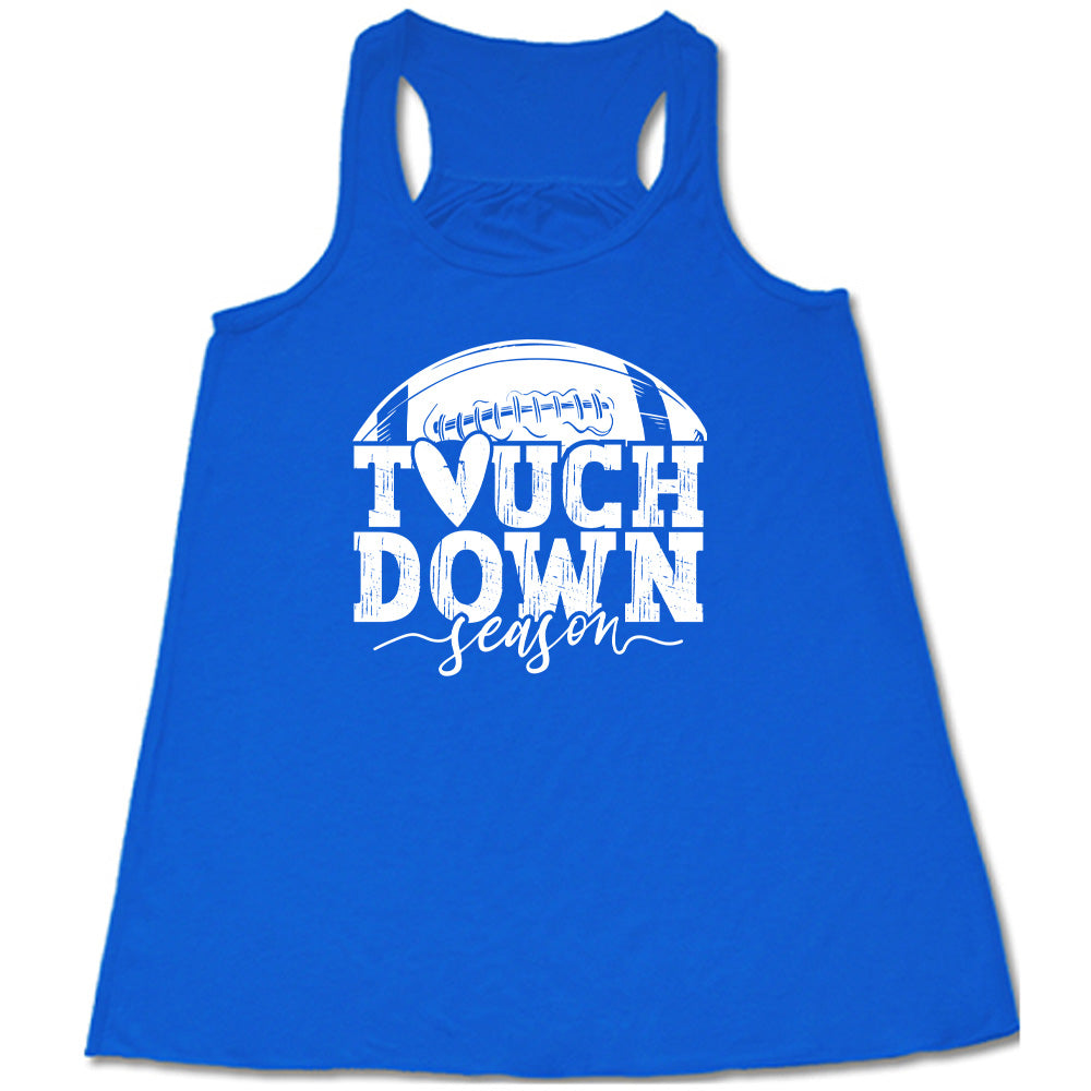 Blue colored flowy tank with football graphic on it that says "Touchdown Season"
