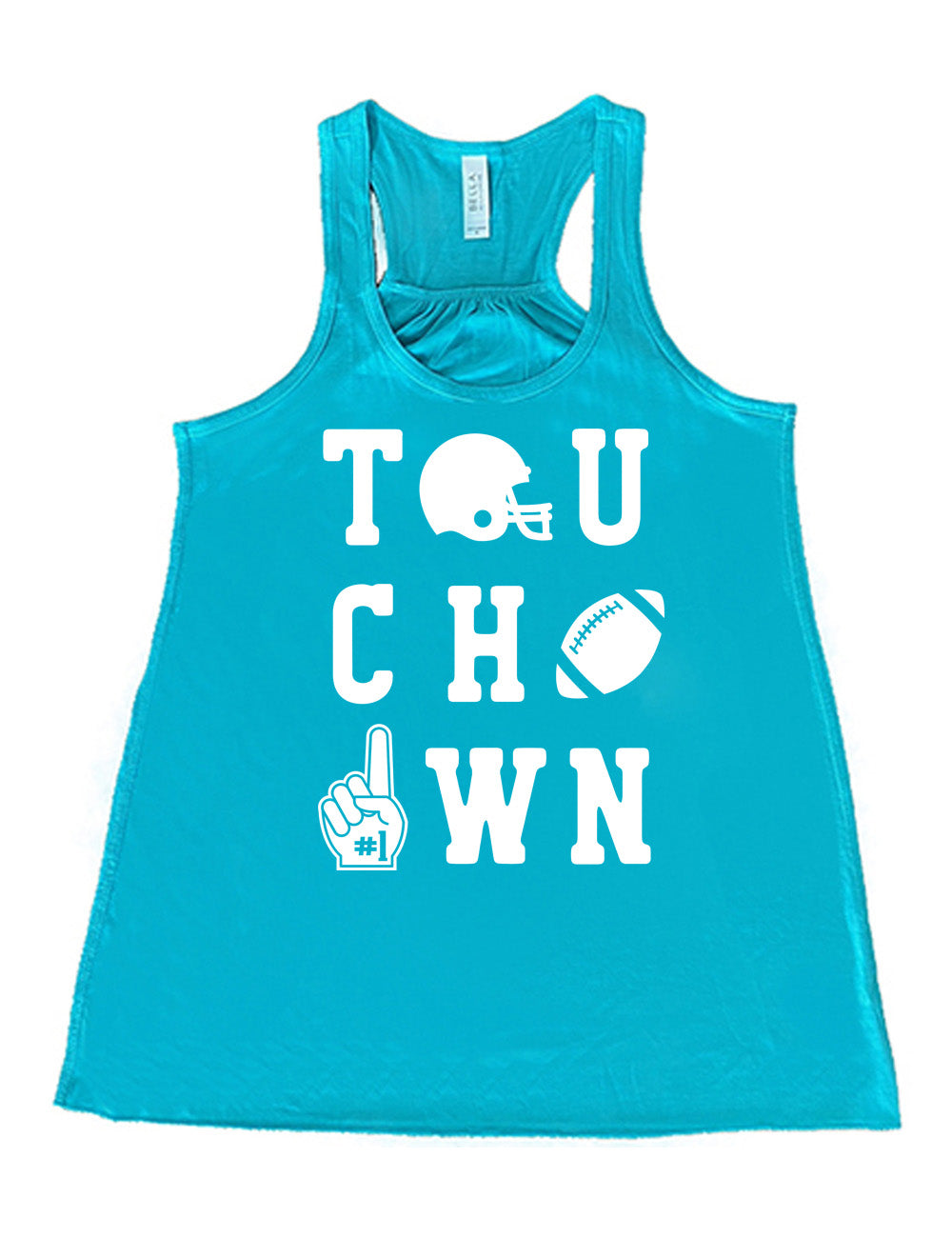 teal flowy racerback tank with the word "touchdown" spelled out over three rows, and with the first "o" being a football helmet, the "d" being a football, and the last "o" being a foam finger with #1 on it