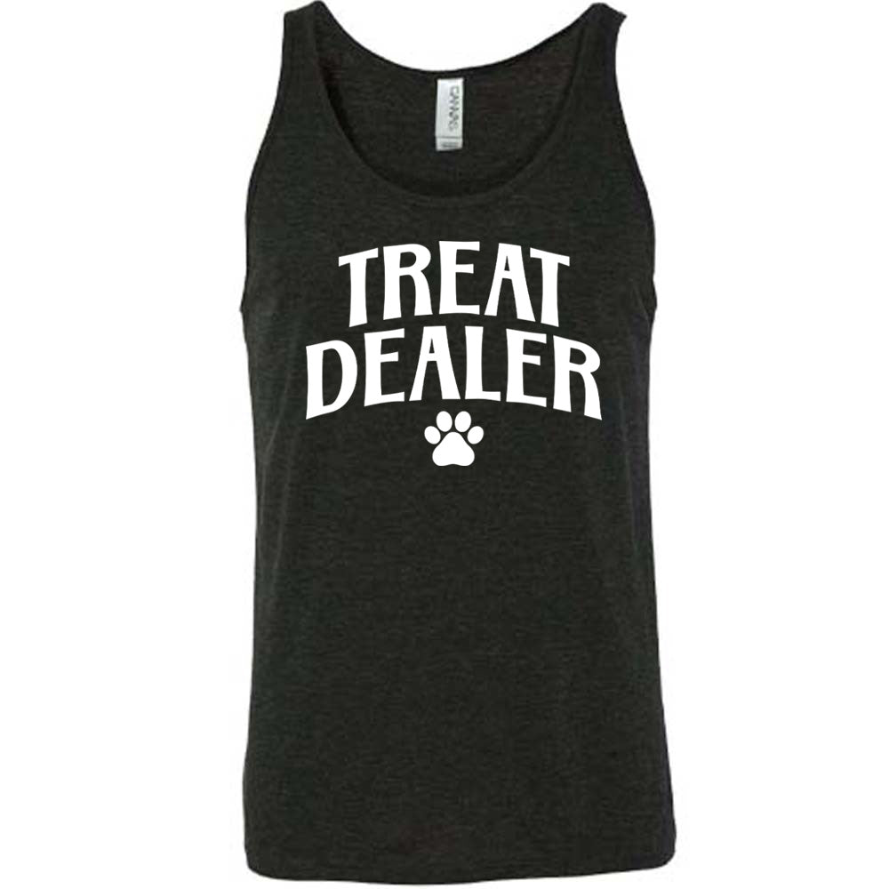 Black colored tank with paw print graphic on it that says "TREAT DEALER"