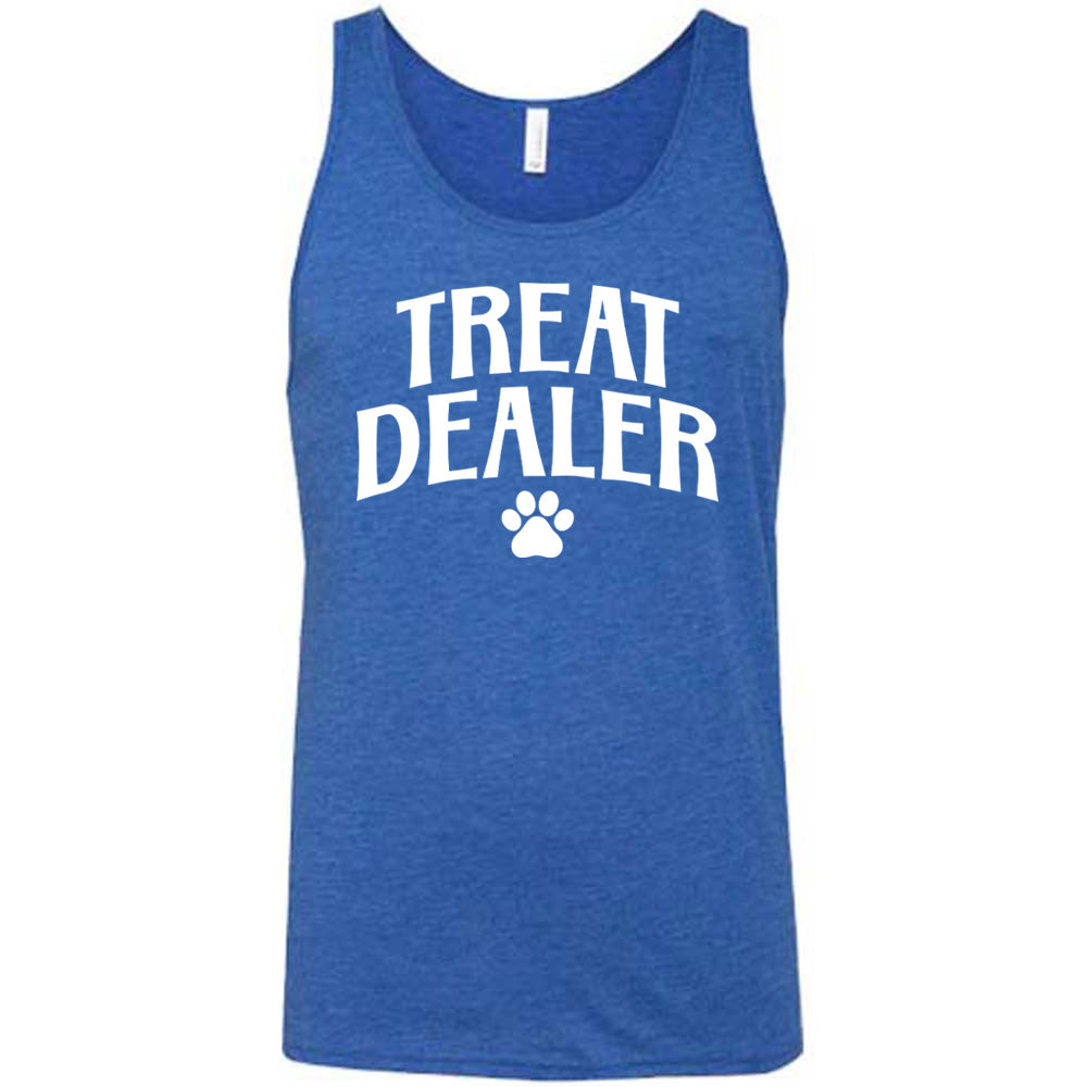 Blue colored tank with paw print graphic on it that says "TREAT DEALER"