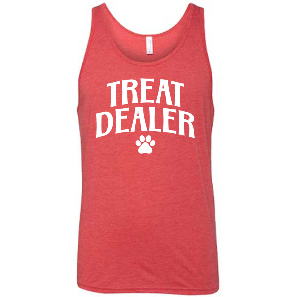 Red colored tank with paw print graphic on it that says "TREAT DEALER"
