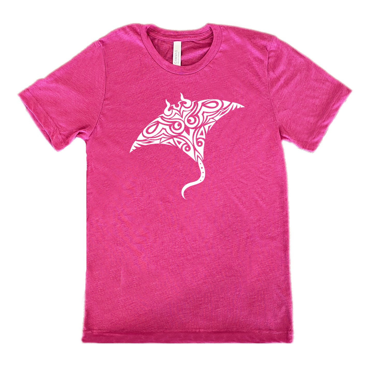 berry unisex tee with the graphic of a manta ray in tribal design