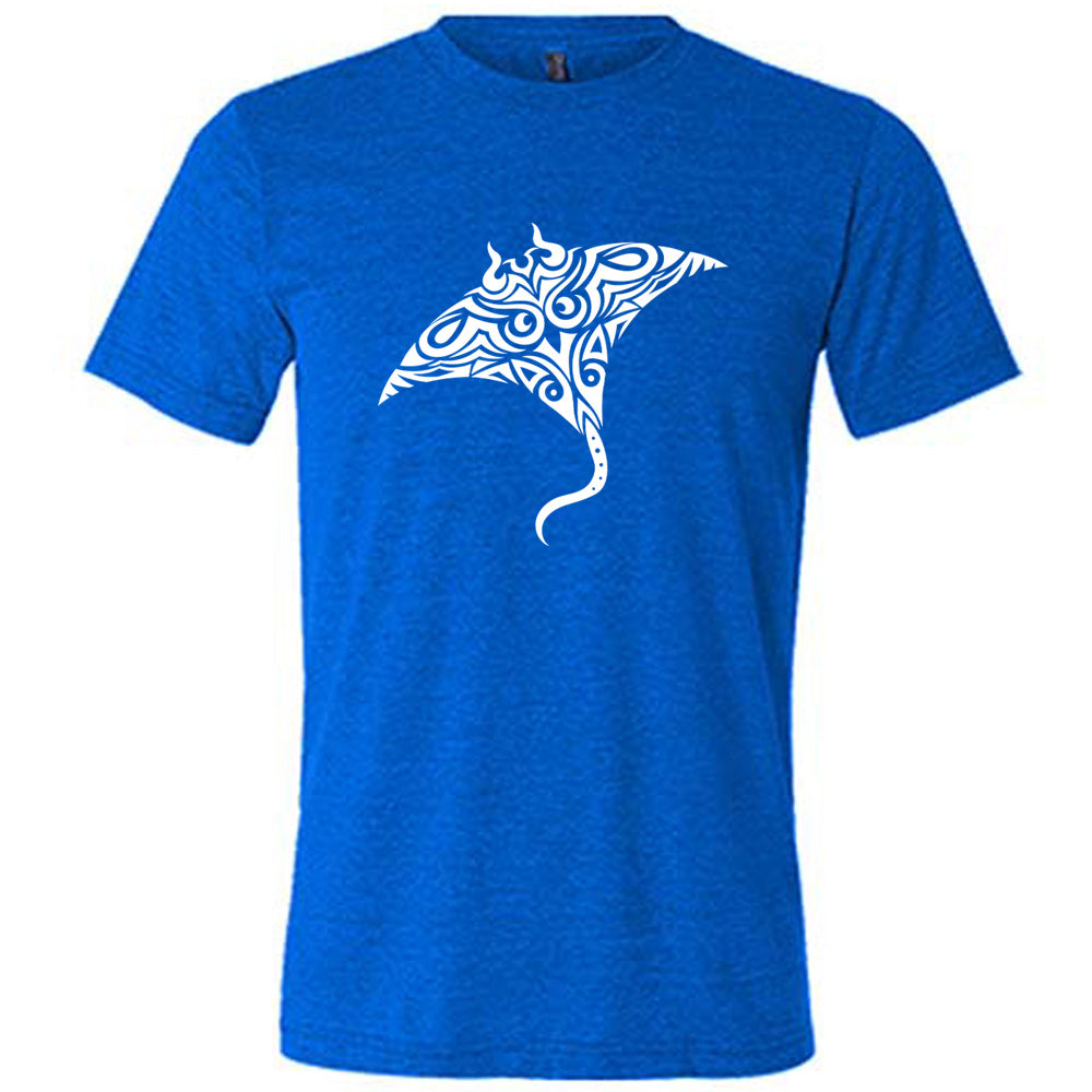 blue unisex tee with the graphic of a manta ray in tribal design