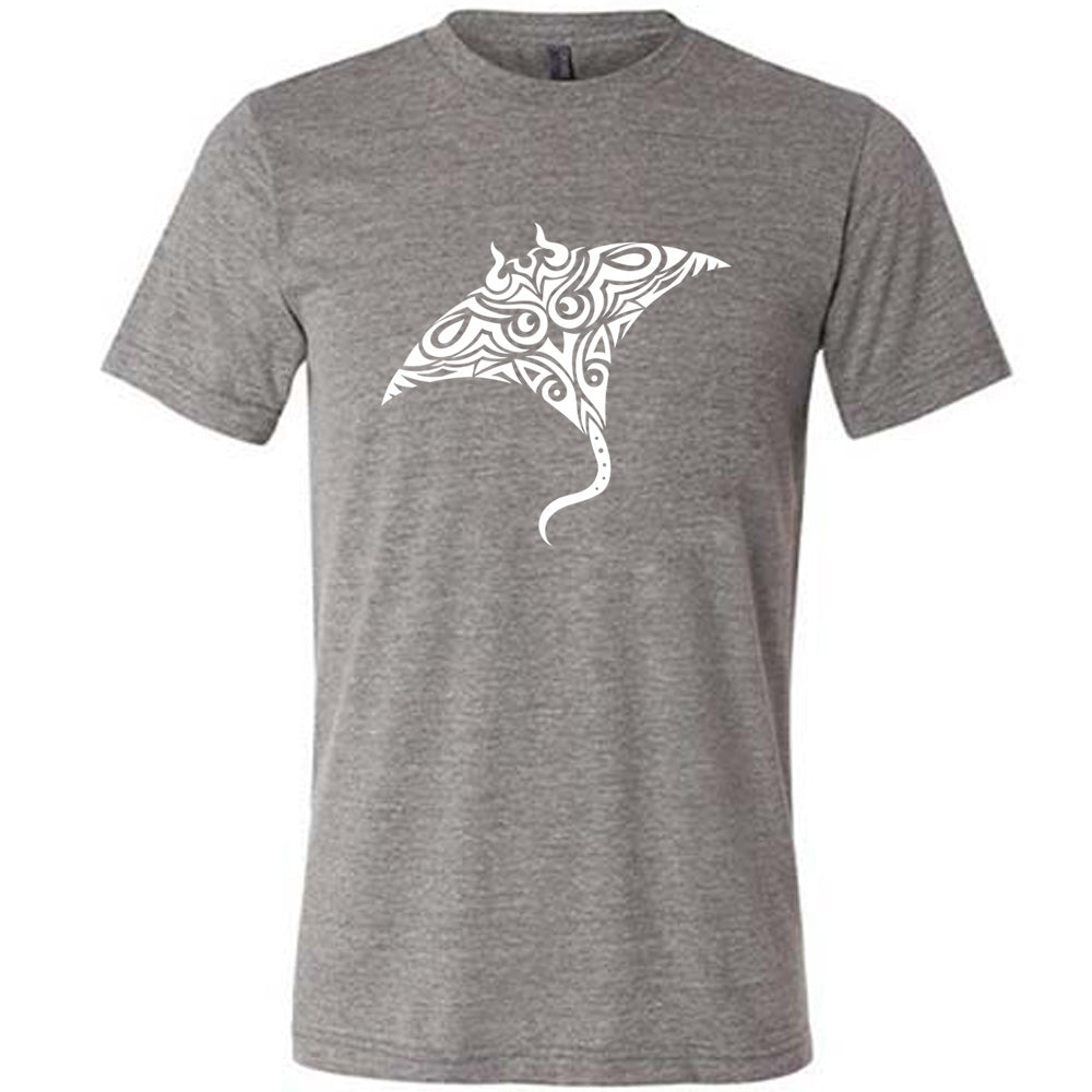 grey unisex tee with the graphic of a manta ray in tribal design