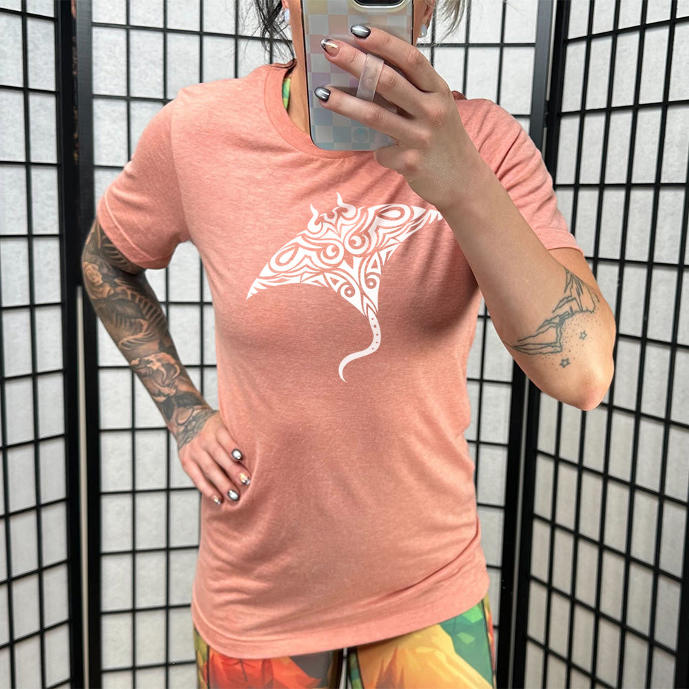 sunset unisex tee with the graphic of a manta ray in tribal design