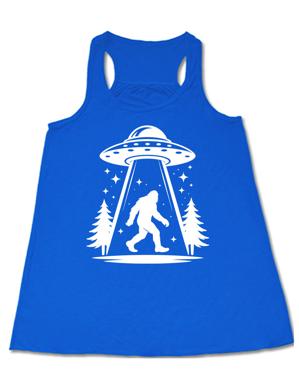 blue flowy racerback tank with the graphic of an alien spaceship beaming bigfoot up, with stars surrounding, and couple pine trees