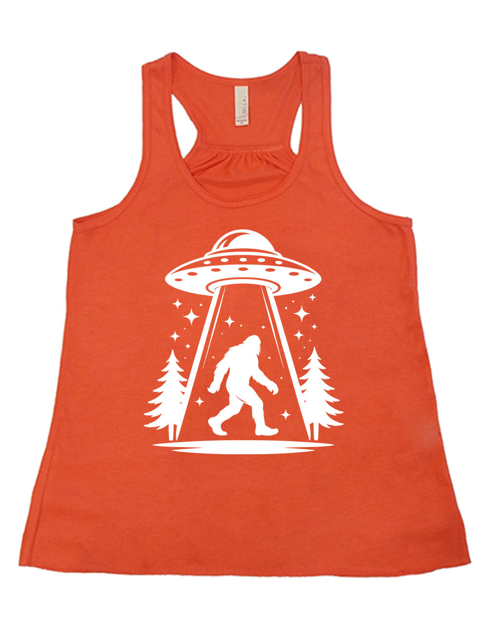 coral flowy racerback tank with the graphic of an alien spaceship beaming bigfoot up, with stars surrounding, and couple pine trees