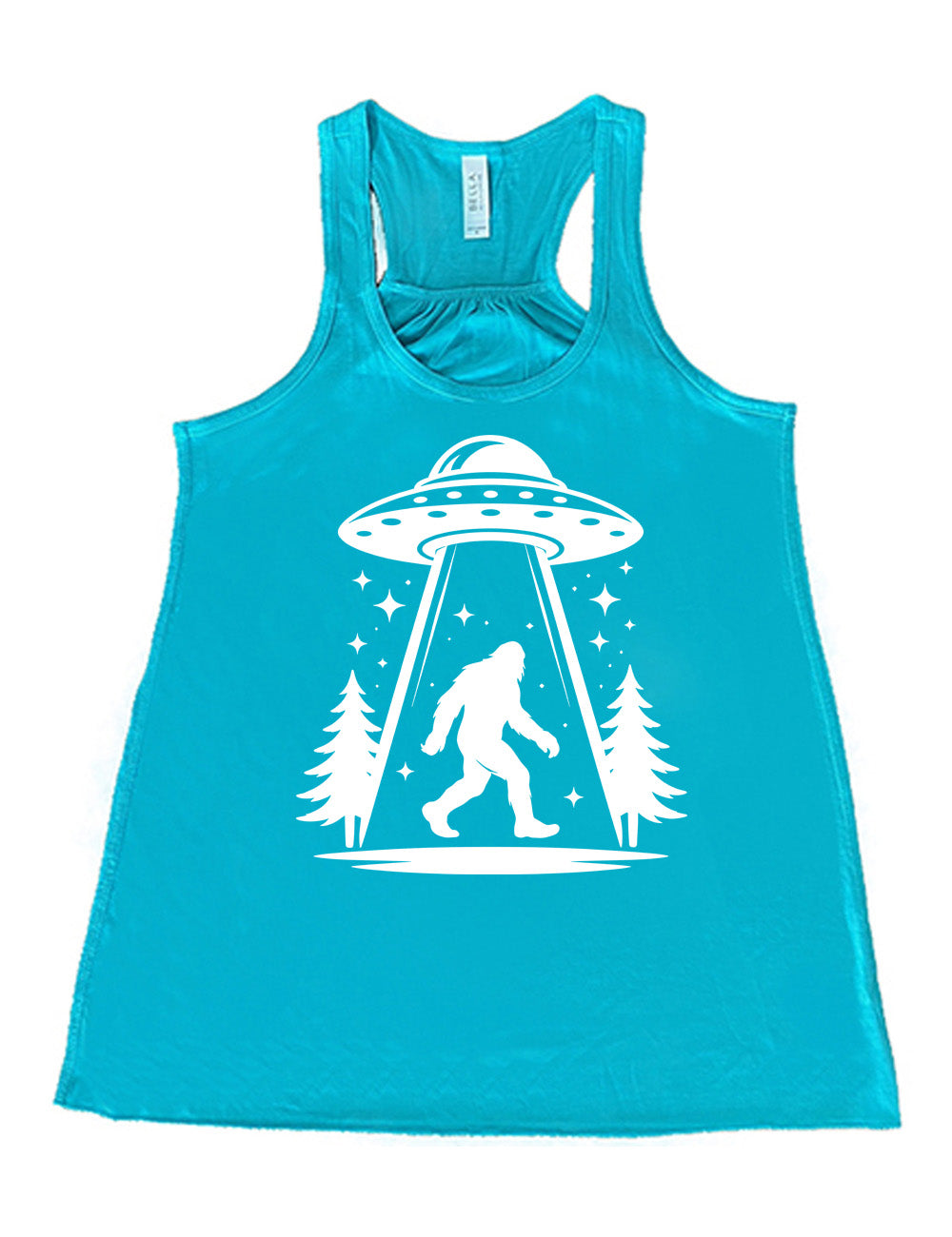 teal flowy racerback tank with the graphic of an alien spaceship beaming bigfoot up, with stars surrounding, and couple pine trees