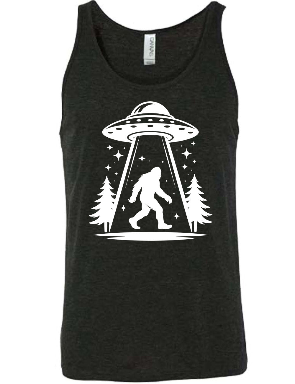 black unisex tank with the graphic of an alien spaceship beaming bigfoot up, with stars surrounding, and couple pine trees