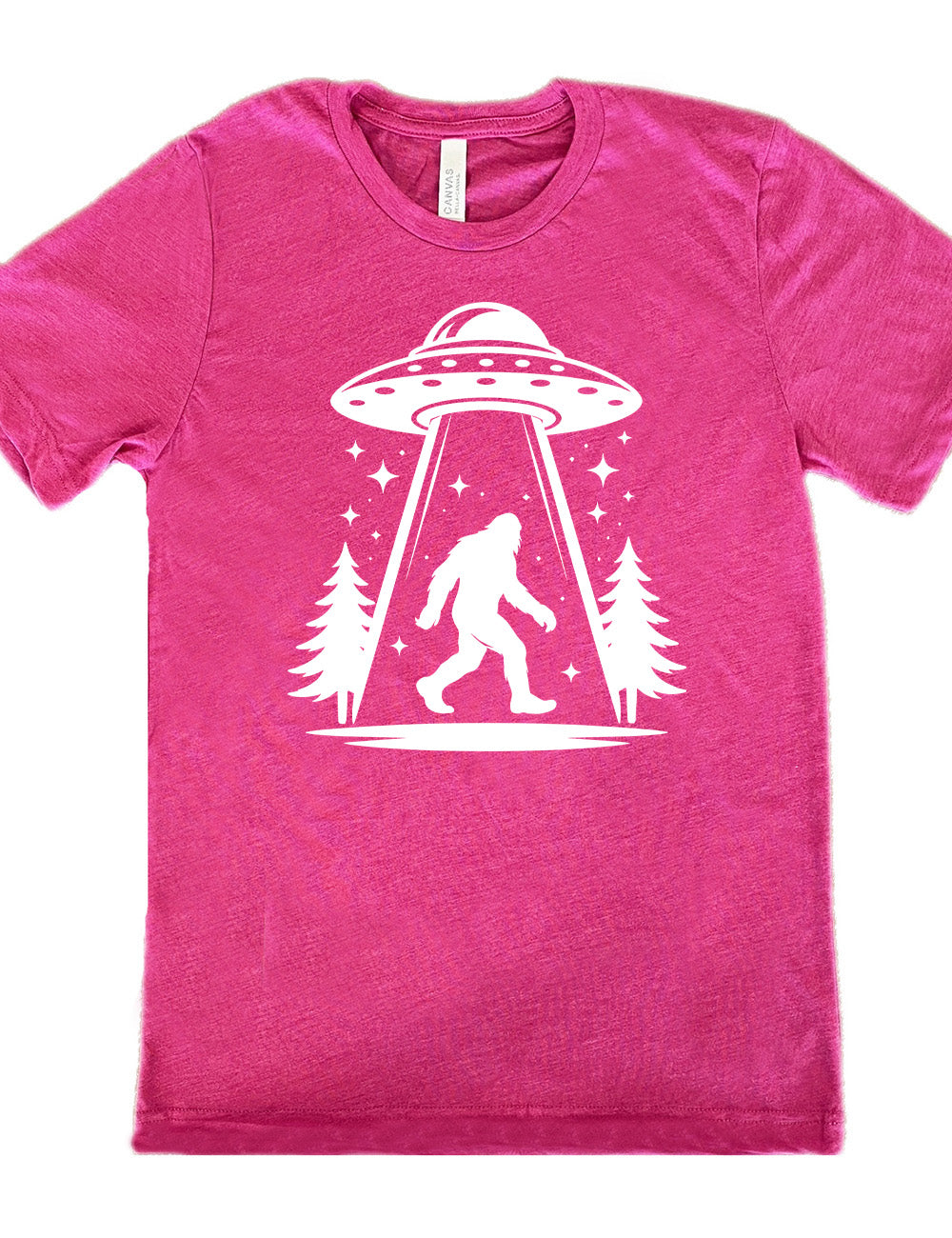 berry unisex tee with the graphic of an alien spaceship beaming bigfoot up, with stars surrounding, and couple pine trees
