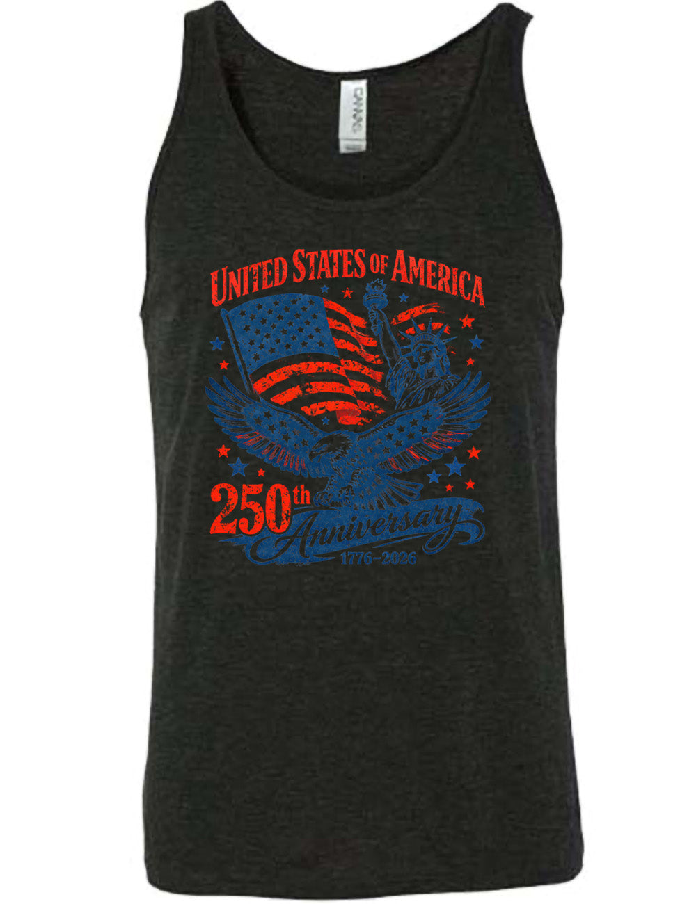 black unisex tank with the graphic of the eagle, wings spread, the statue of liberty, and an American flag, and lots of little stars, and the words saying "United Stated of America 250th Anniversary 1776-2026"