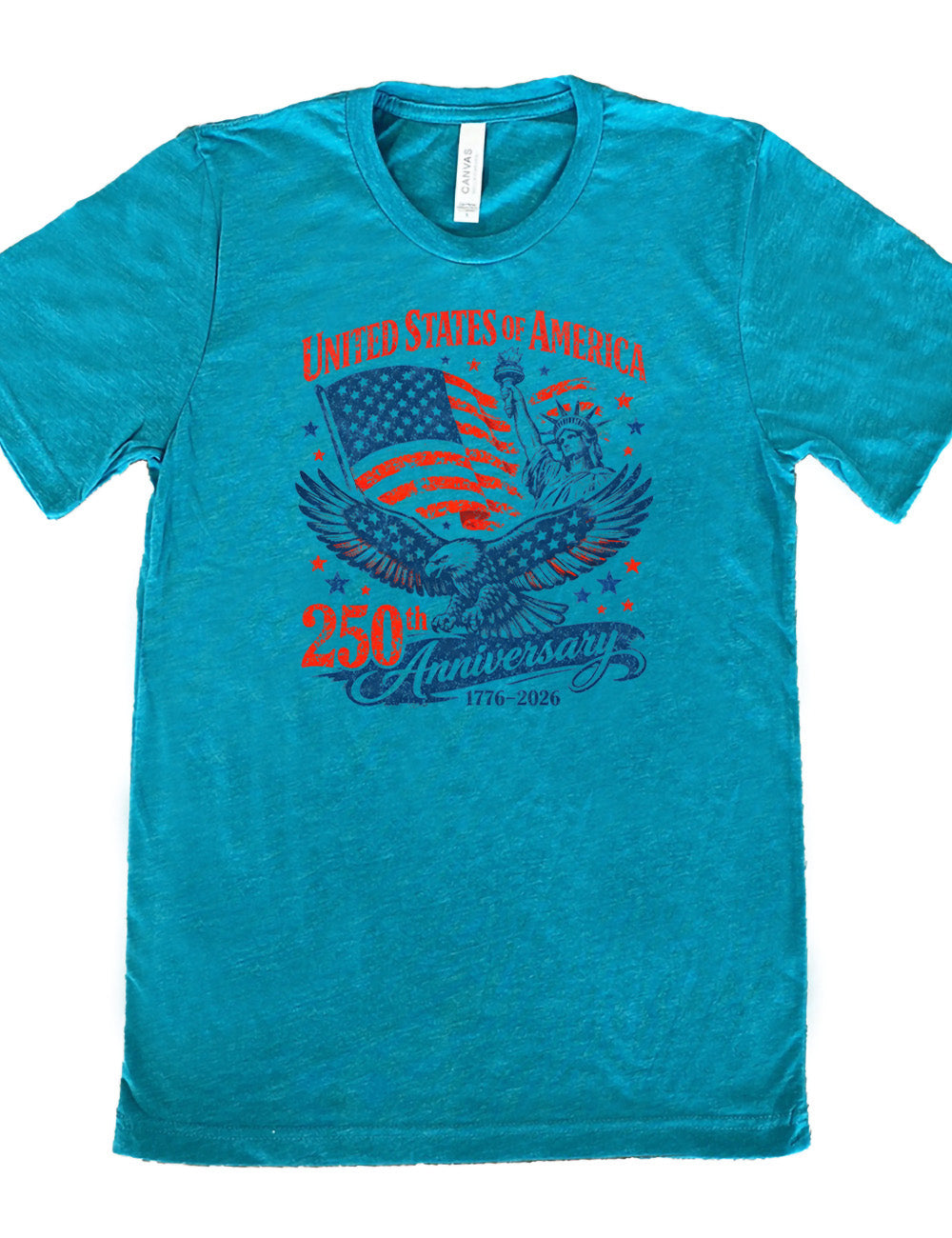 teal unisex tee with the graphic of the eagle, wings spread, the statue of liberty, and an American flag, and lots of little stars, and the words saying "United Stated of America 250th Anniversary 1776-2026"