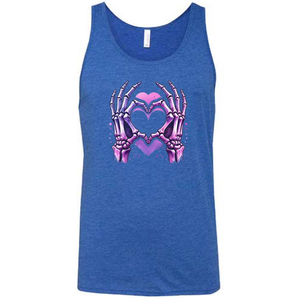 blue shirt with a skeleton heart hand graphic on it