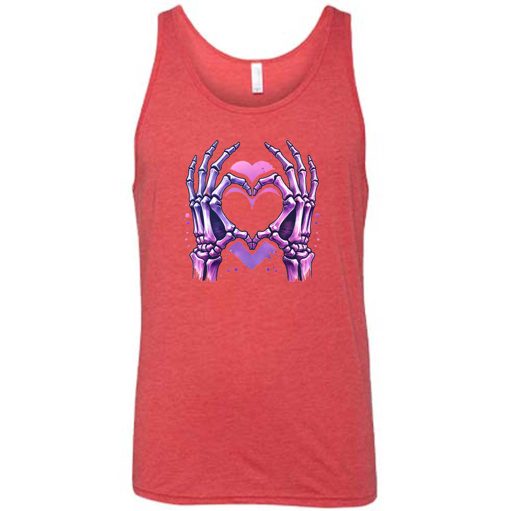 red shirt with a skeleton heart hand graphic on it