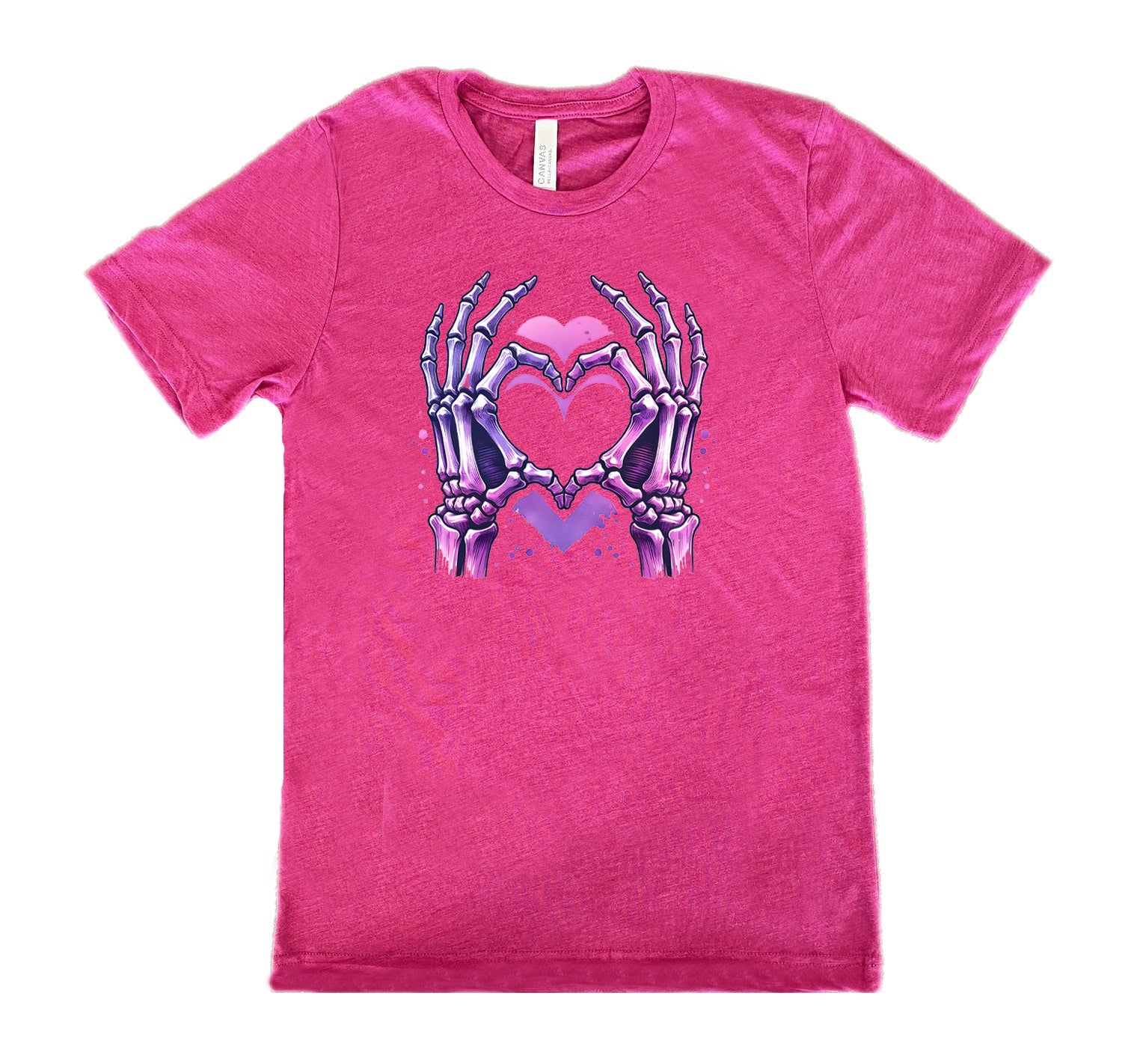 berry shirt with a skeleton heart hand graphic on it
