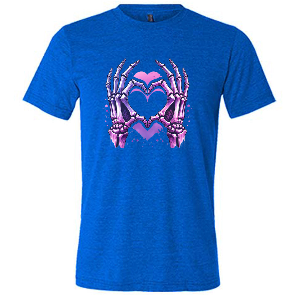 blue shirt with a skeleton heart hand graphic on it