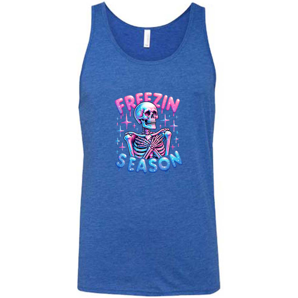 blue shirt with the text "freezin season" with a graphic of a skeleton on it