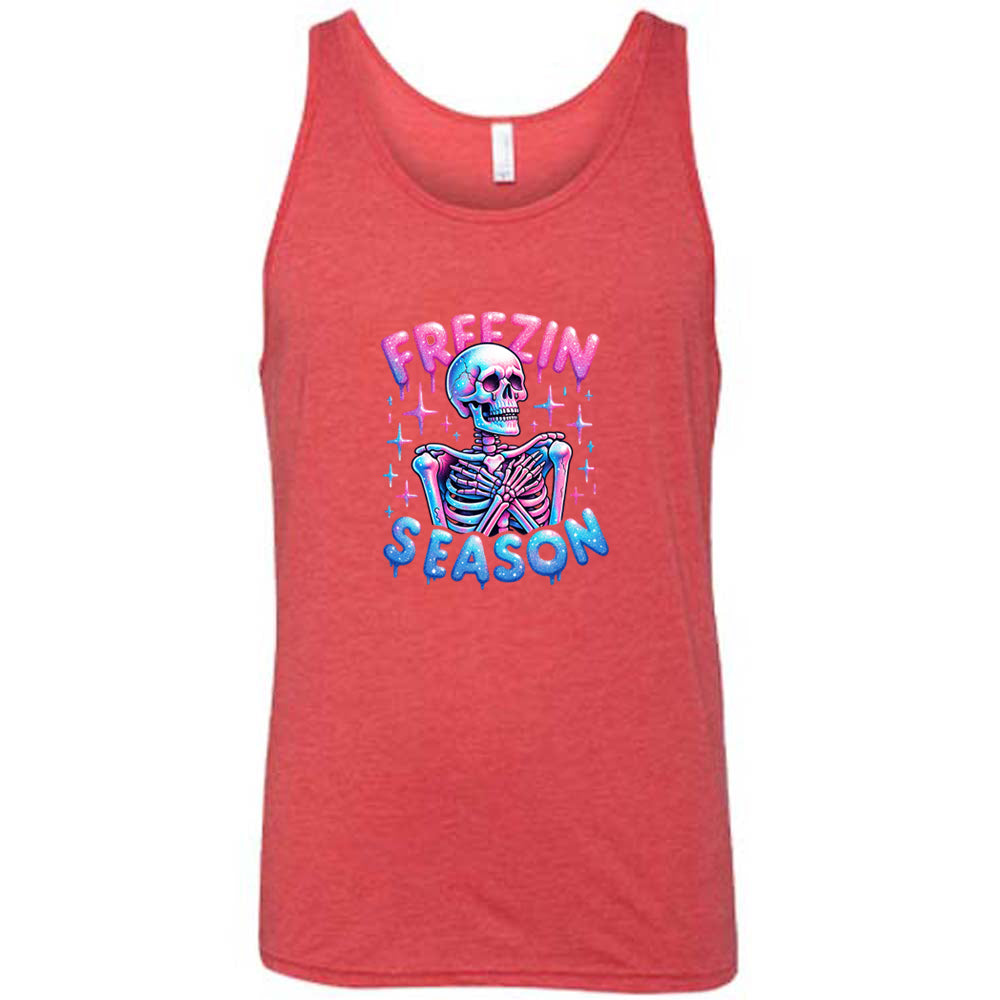 red shirt with the text "freezin season" with a graphic of a skeleton on it