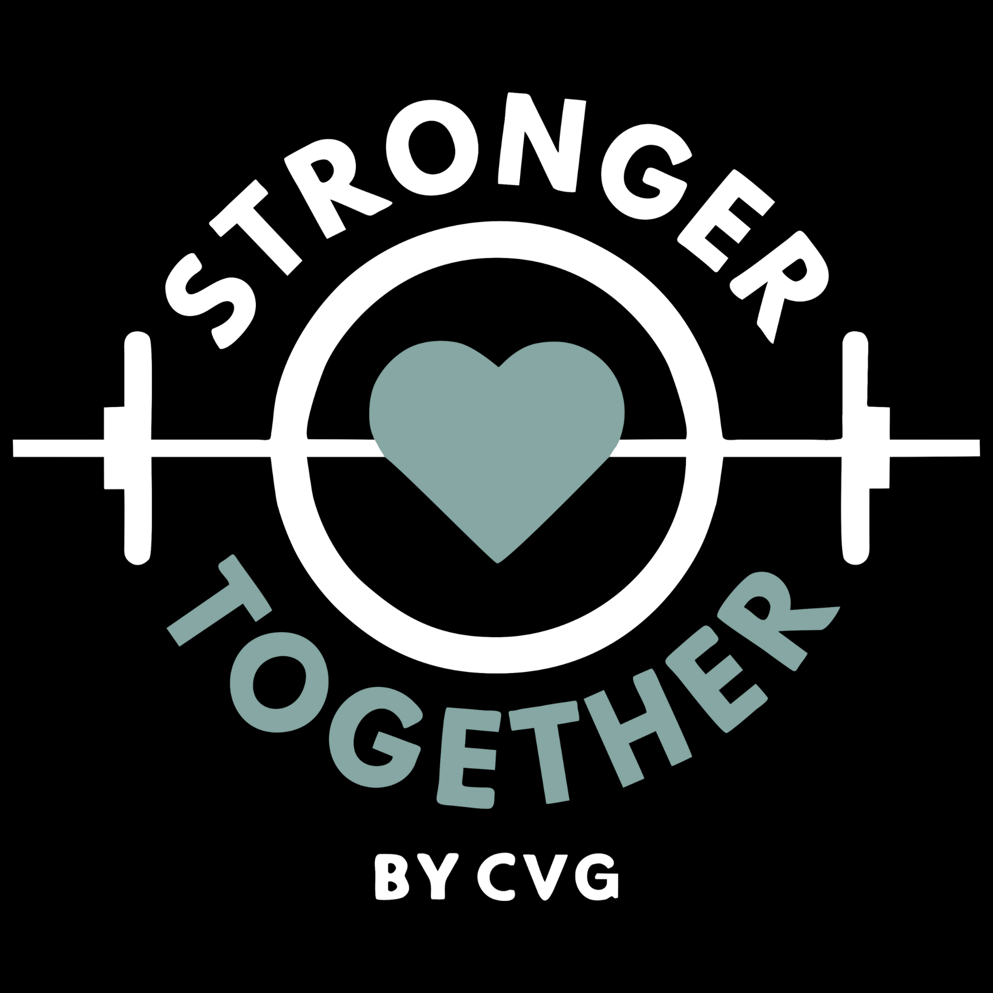 Logo with 'Stronger Together' text and a heart symbol on a black background, featuring the brand 'CVG'.