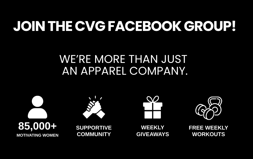 Promotional graphic for CVG Facebook Group with icons and text on a black background