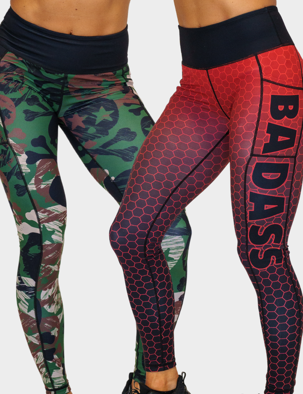 close up of the reversible green camo with skulls print and red hexagon badass leggings against a white background