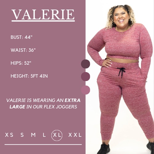 Model's measurements of 44 inch bust, 36 inch waist, 52 inch hips, and height of 5 foot 4 inches. She is wearing a size extra large in these joggers