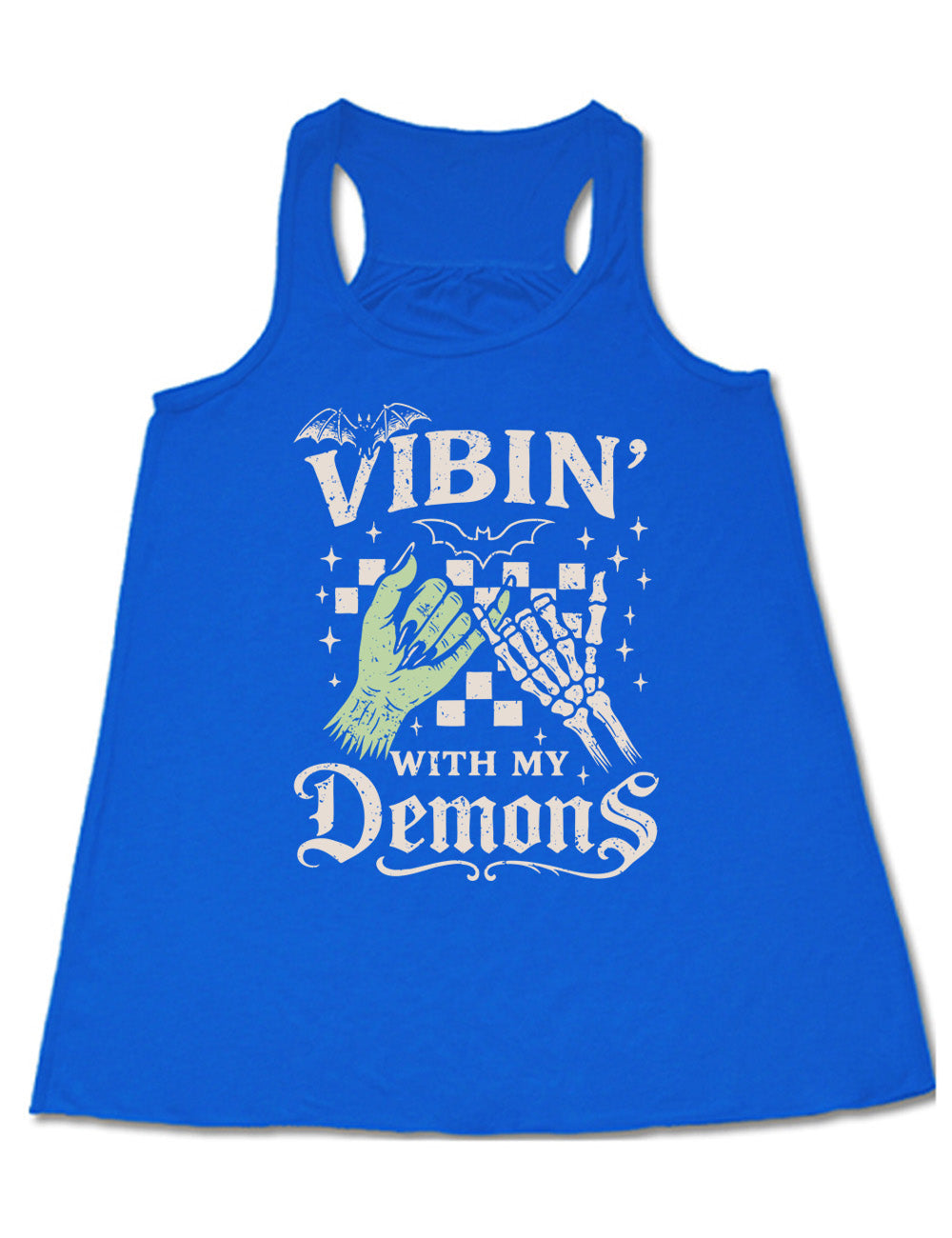 blue flowy racerback tank with words saying "Vibin' with my Demons", around the graphic of the hands of a zombie and a skeleton doing a pinky promise, in front of a checkered background, and one line-drawn bat and one detailed bat on top, and scattered stars