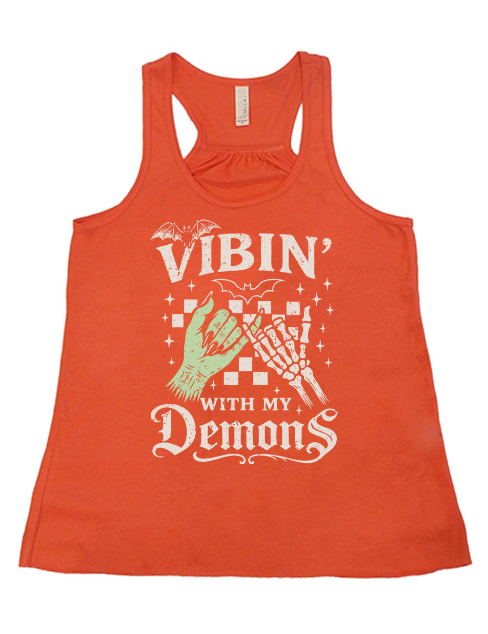 coral flowy racerback tank with words saying "Vibin' with my Demons", around the graphic of the hands of a zombie and a skeleton doing a pinky promise, in front of a checkered background, and one line-drawn bat and one detailed bat on top, and scattered stars