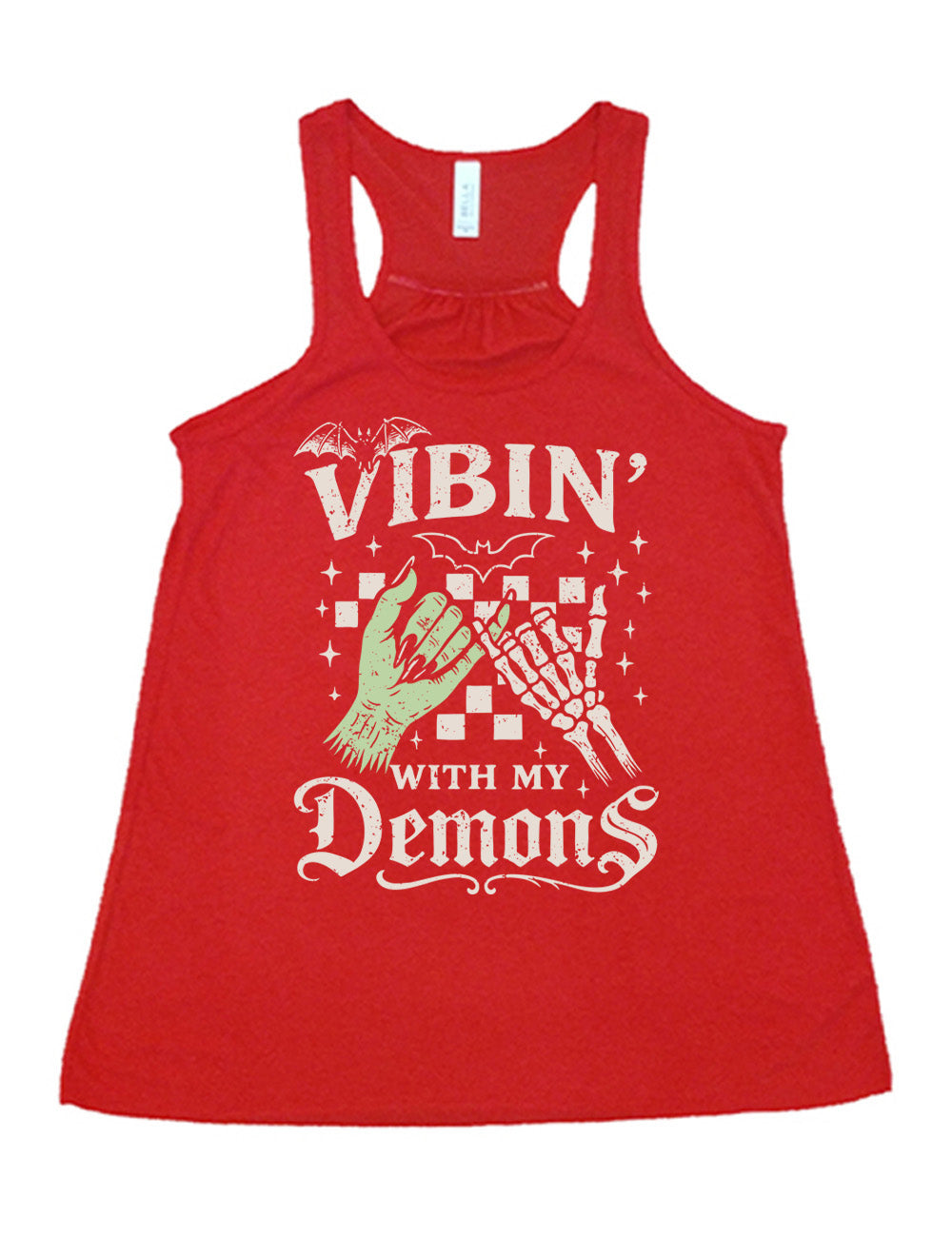 red flowy racerback tank with words saying "Vibin' with my Demons", around the graphic of the hands of a zombie and a skeleton doing a pinky promise, in front of a checkered background, and one line-drawn bat and one detailed bat on top, and scattered stars