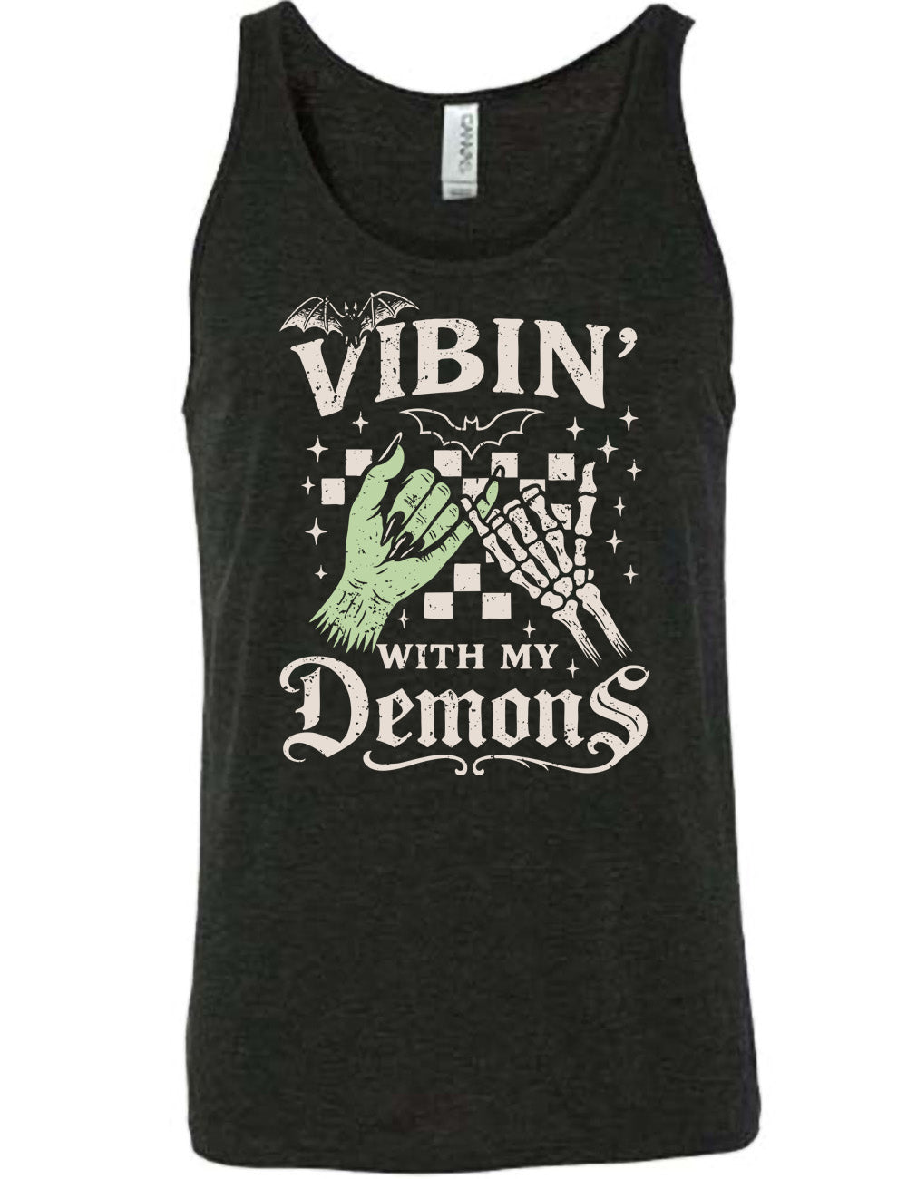 black unisex tank with words saying "Vibin' with my Demons", around the graphic of the hands of a zombie and a skeleton doing a pinky promise, in front of a checkered background, and one line-drawn bat and one detailed bat on top, and scattered stars
