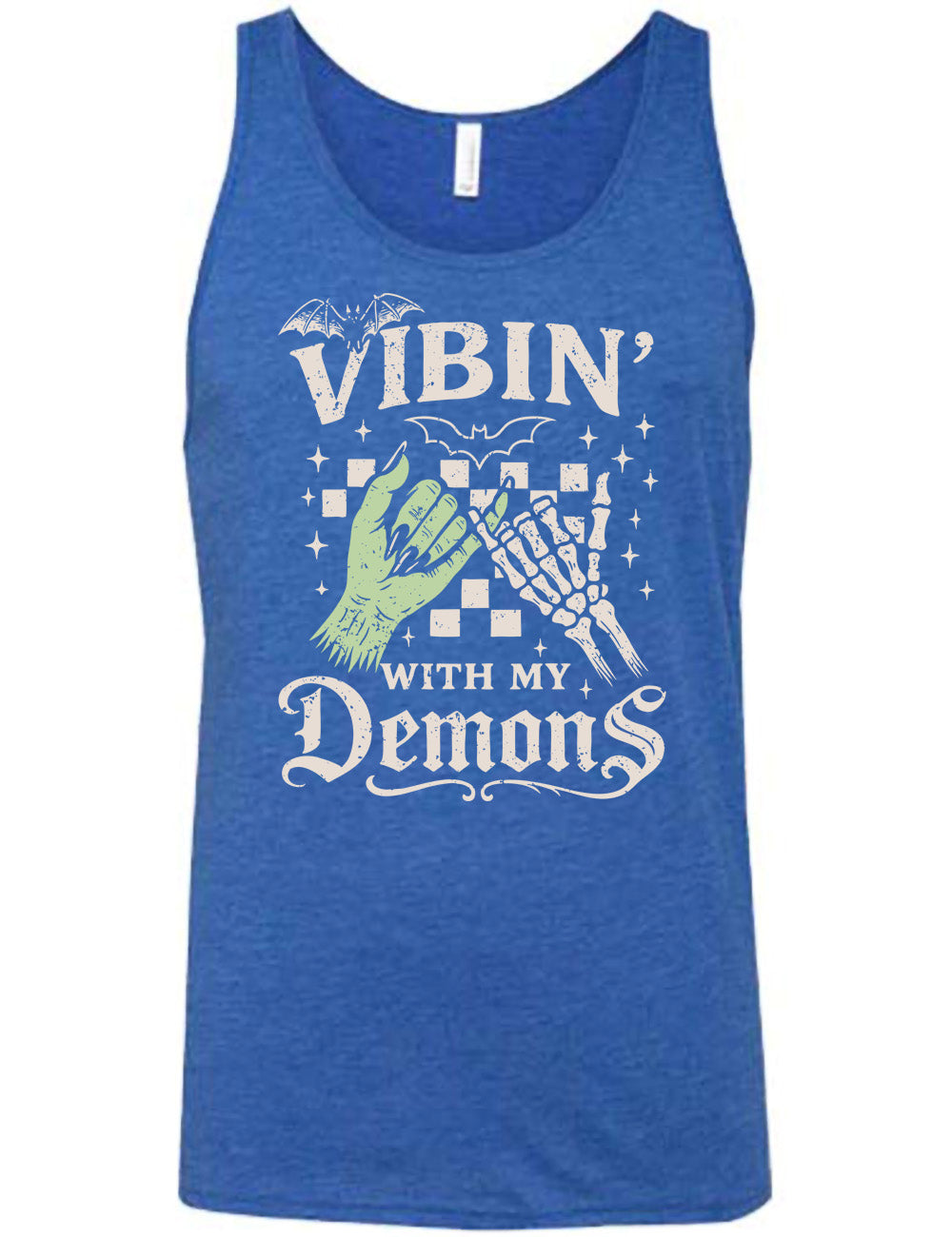 blue unisex tank with words saying "Vibin' with my Demons", around the graphic of the hands of a zombie and a skeleton doing a pinky promise, in front of a checkered background, and one line-drawn bat and one detailed bat on top, and scattered stars
