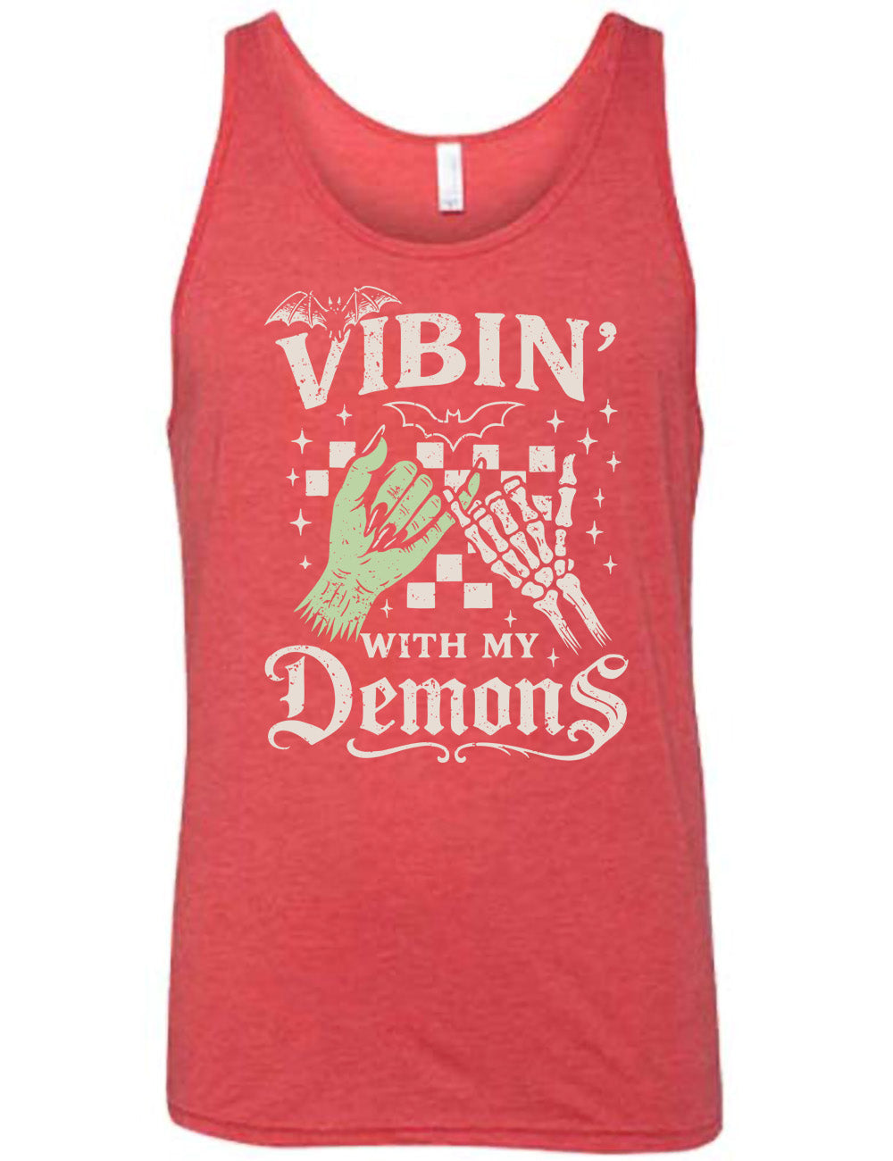red unisex tank with words saying "Vibin' with my Demons", around the graphic of the hands of a zombie and a skeleton doing a pinky promise, in front of a checkered background, and one line-drawn bat and one detailed bat on top, and scattered stars