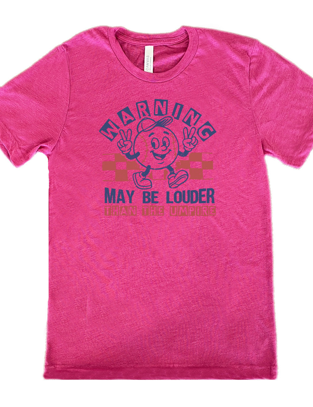 berry unisex tee with the words "warning may be louder than the umpire" on it, with the graphic of baseball with a face, wearing a hat, holding up two peace signs, and walking along, with a checkered border behind it