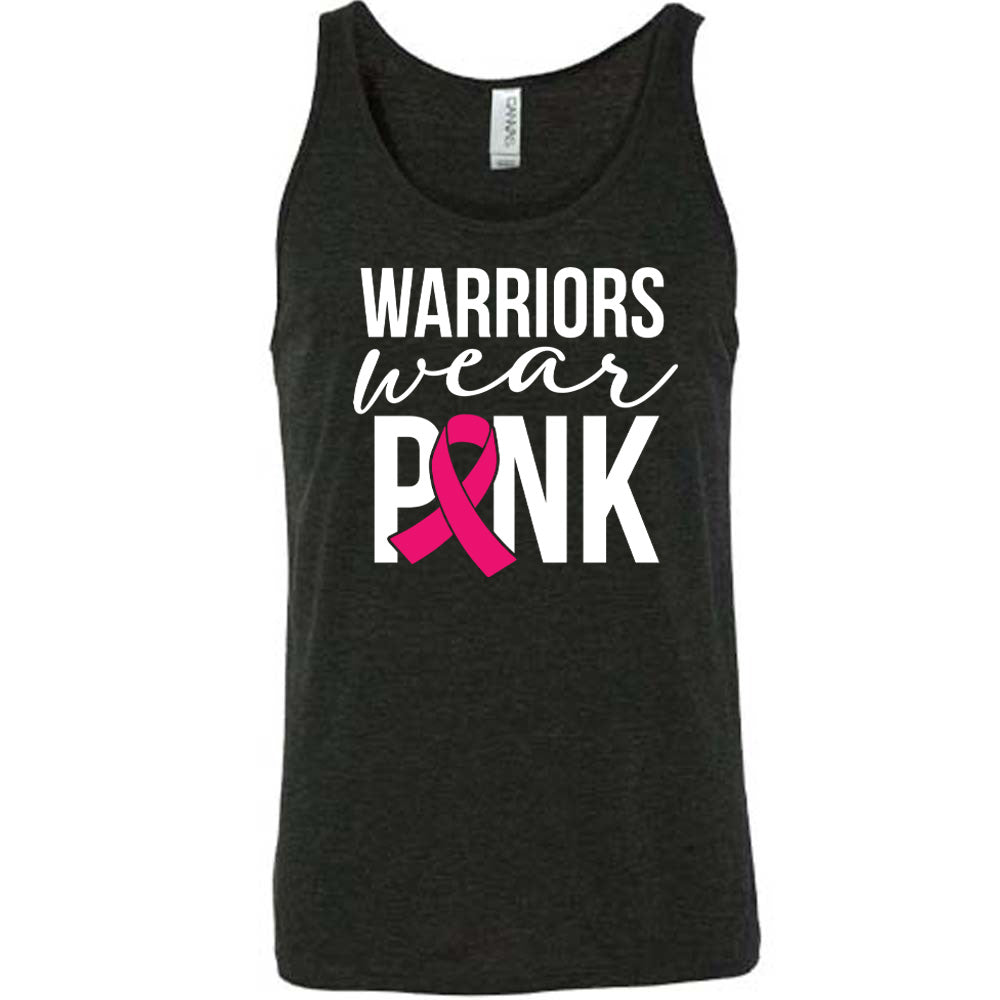 black t-shirt with 'Warriors Wear Pink' text and pink ribbon graphic on a white background