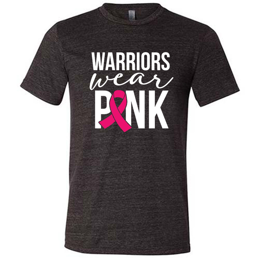 black t-shirt with 'Warriors Wear Pink' text and pink ribbon graphic on a white background