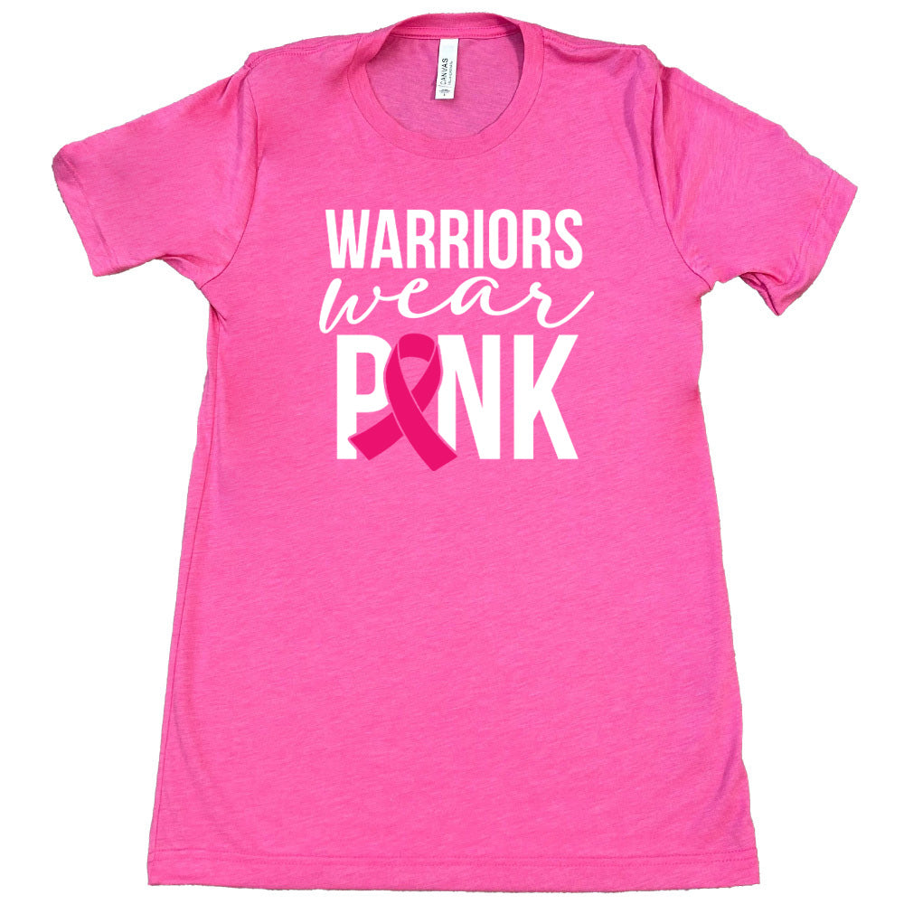 pink t-shirt with 'Warriors Wear Pink' text and pink ribbon graphic on a white background