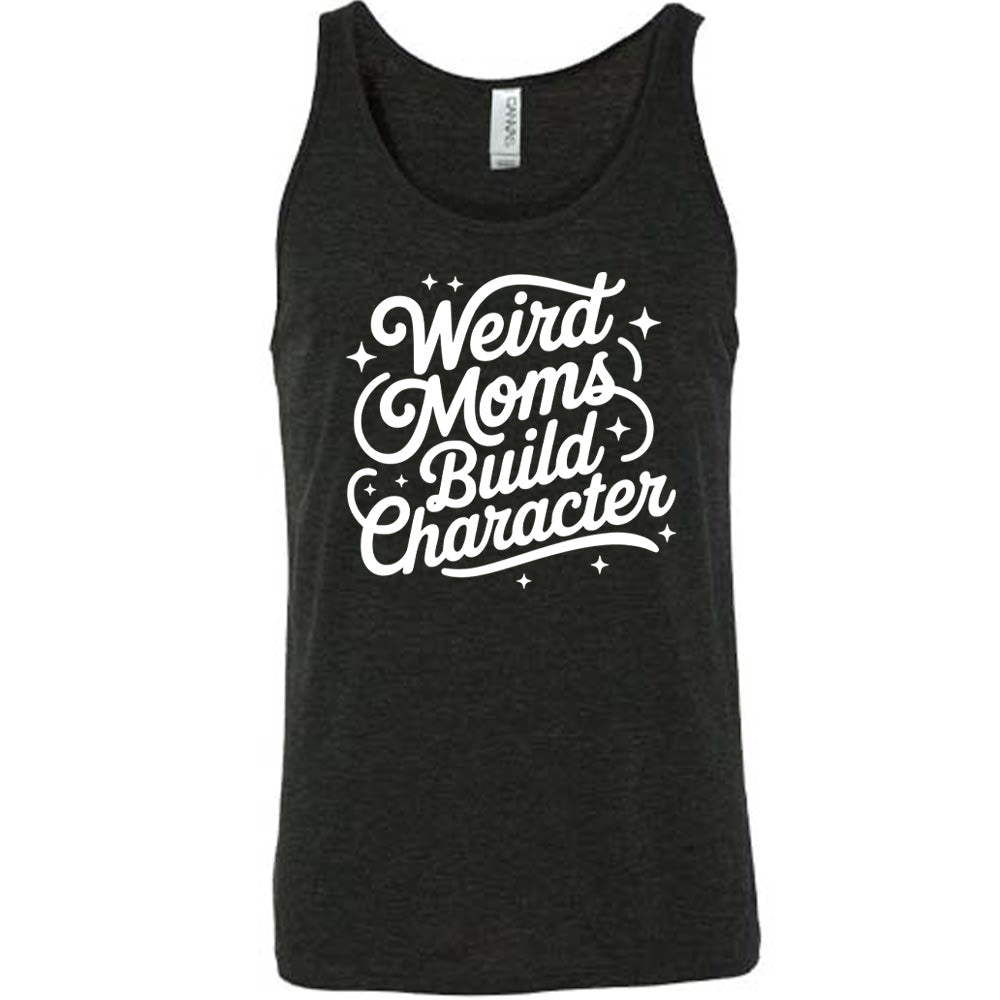 black unisex tank with the words "weird moms build character" on it, with stars scattered around