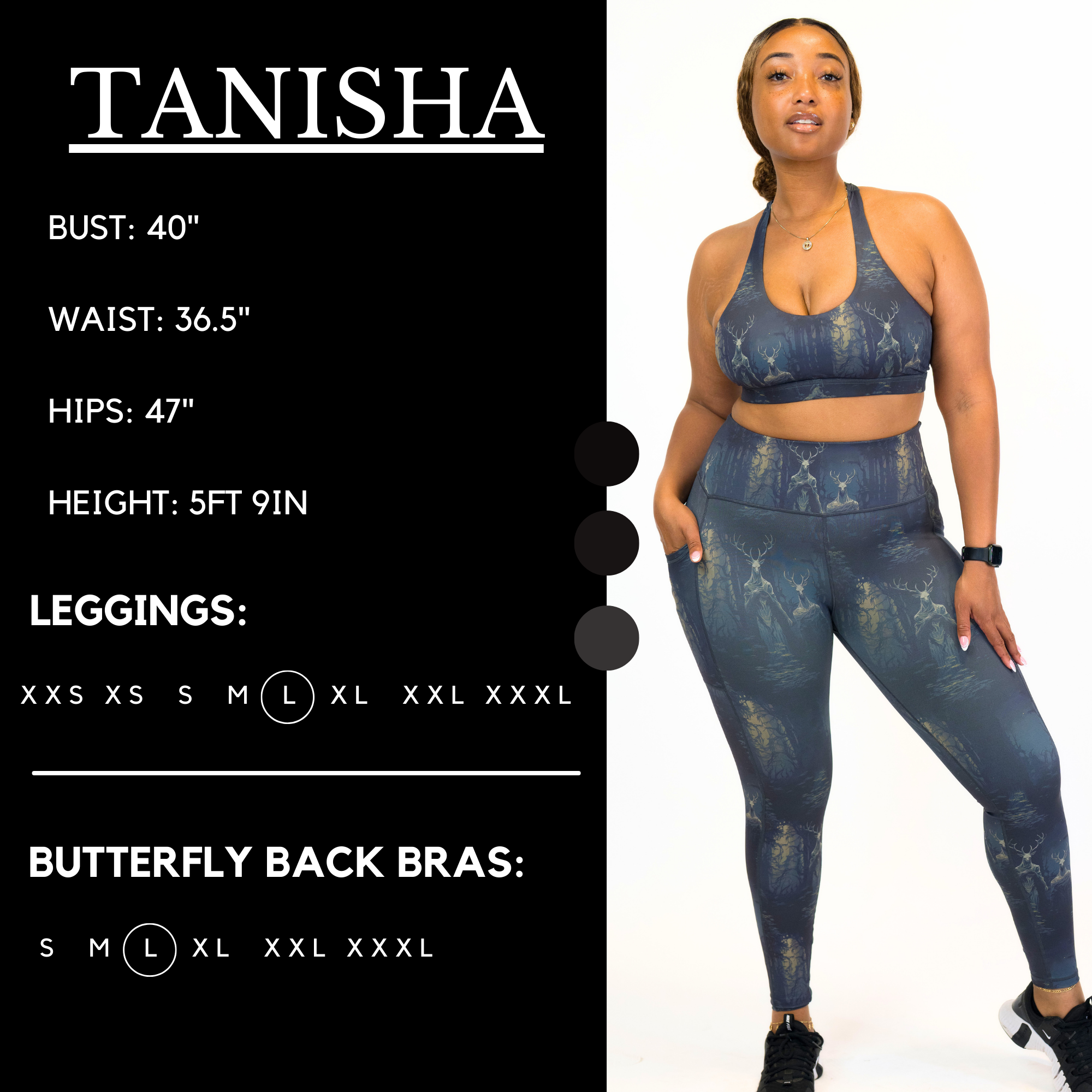 Graphic showing the measurements of a model and what size she wears for the leggings and fitted crop top. Her bust is 40 inches, waist is 36.5 inches, hips are 47 inches, and height is 5 foot and 9 inches. She wears a large in the leggings