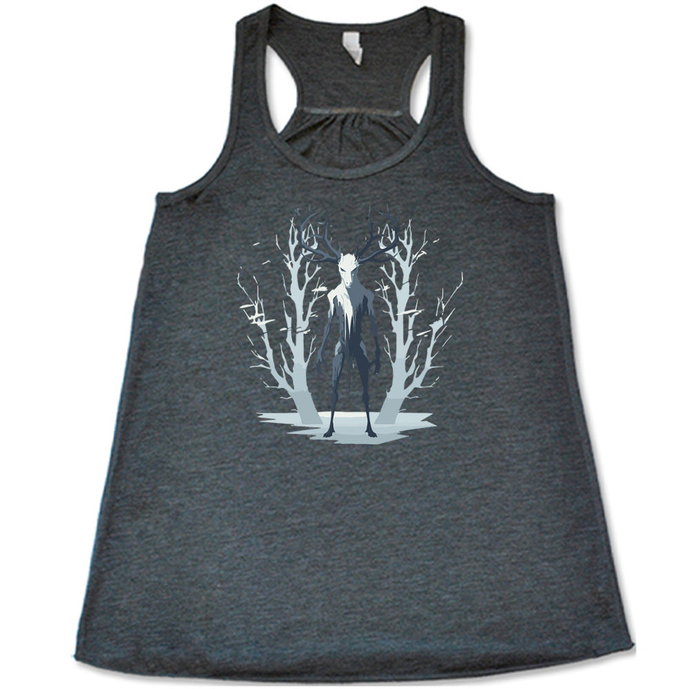 Grey colored flowy tank with wendigo in the woods graphic on it