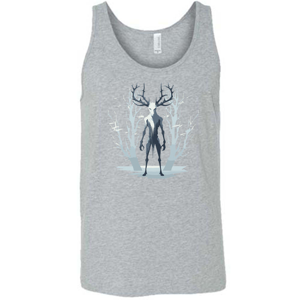 Grey colored tank with wendigo in the woods graphic on it