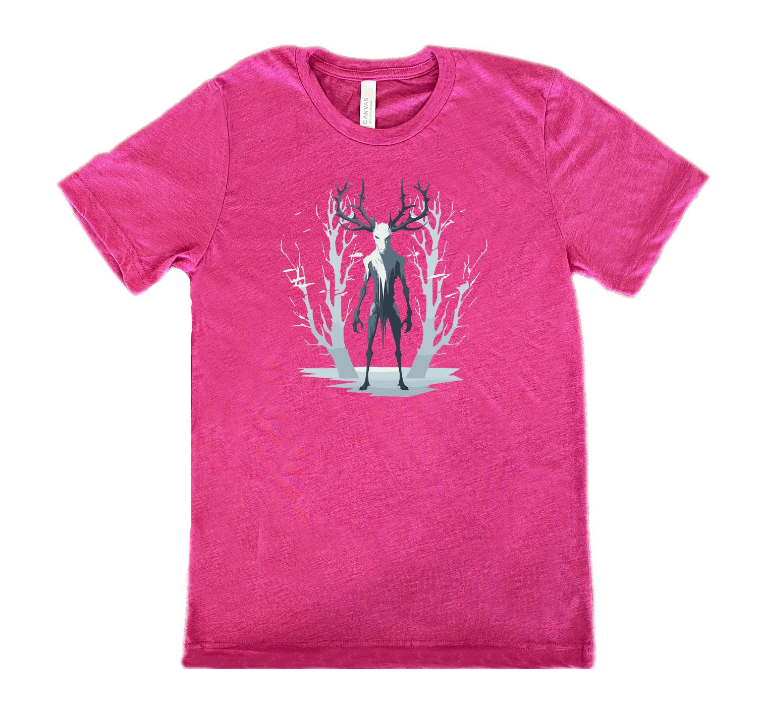 Berry colored shirt with wendigo in the woods graphic on it