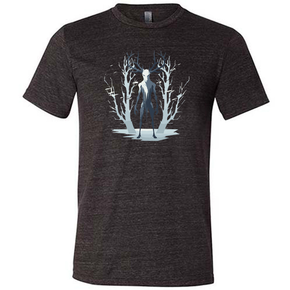 Black colored shirt with wendigo in the woods graphic on it
