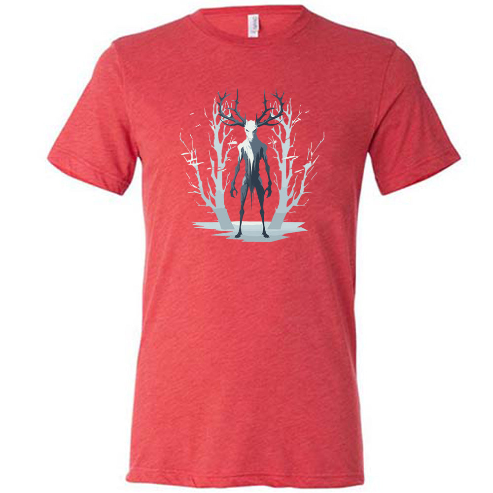 Red colored shirt with wendigo in the woods graphic on it