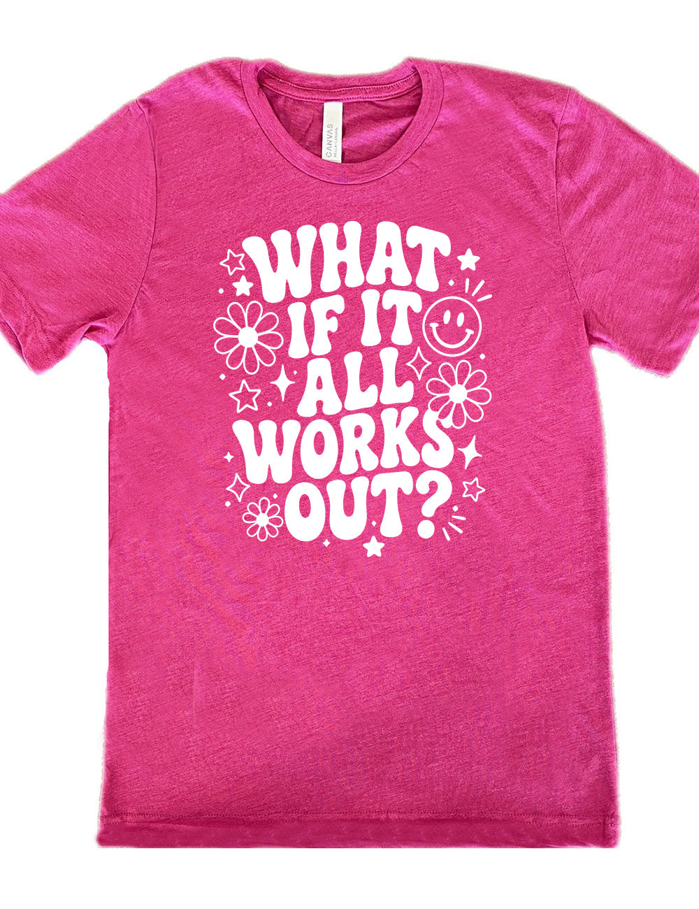 berry unisex tee with wording saying "what if it all works out?" with graphics of flowers and stars as well as a smiley face